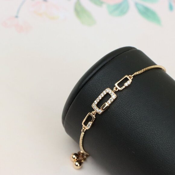 Elegant Rose Gold Adjustable Bracelet with Sparkling Rectangle Charms, XPAB0632 - Picture 7 of 12